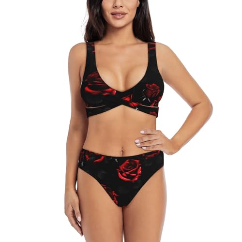 Maillot de bain 2 pièces avec contrôle du ventre gainant et imprimé roses rouges