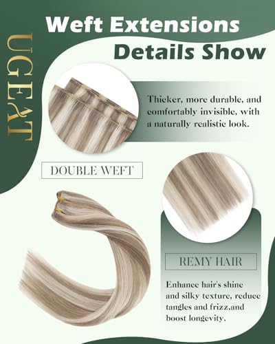 Image of Ugeat Weft Hair Extensions Human Hair, Sew in Hair Extensions 18 Inch 100g, Hair Weft Extensions Light Brown Highlights Platinum Blonde, Softness
