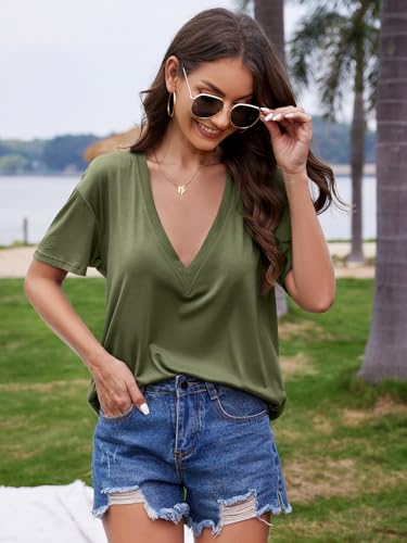 Image of UNCLECAT Womens Deep V Neck T Shirts Summer Oversized Short Sleeve Tops | V Neck, Sexy, Solid, Loose Fit, Casual, Trendy, Going Out, Daily Wear, Workout