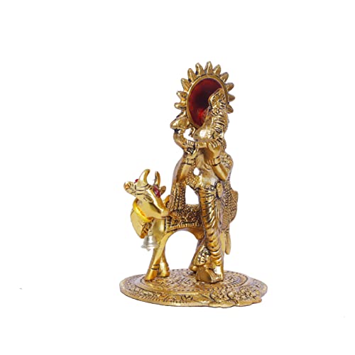 Image of KridayKraft Lord Krishna with Cow Metal Statue,Krishna Murti Playing Flute for Temple Pooja,Decor Your Home,Office & Gift Your Relatives,Showpiece Figurines,Religious Idol