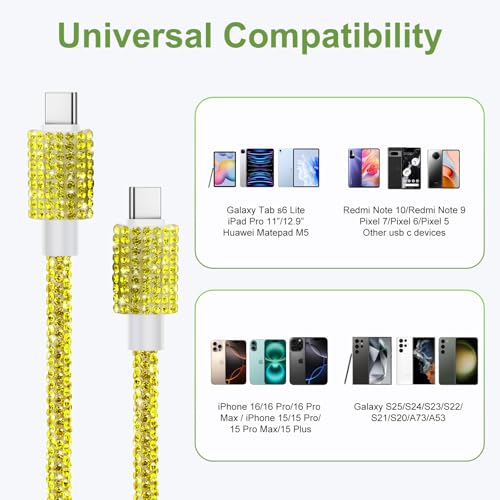 Image of HianDier USB C Cable 3A USB C to USB C Fast Charging Cable Women 4FT Sparkling Bling Diamond Type C Charger Cord for iPhone 16 15 Pro Max Samsung Galaxy S24 iPad Pro 2020, iPad Air 5 4-Lemon Yellow
