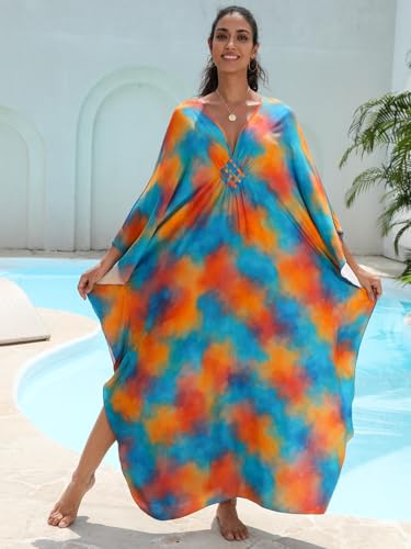 Image of IMAGEKOPE Women's Plus Size Animal Print V-Neck Batwing Kaftan Beach Dress Bathing Suit Cover-Up Loungewear