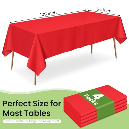 Image of LANLISA 4 Pack Red Tablecloth Plastic, 54 x 108 Inch Rectangle Table Cloth Disposable, Valentines Day, Christmas Decorations Tablecloths, Party Plastic Cover