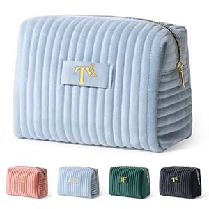 COSHAYSOO Travel Makeup Bag Quilted Make Up Pouch Initial Velvet Cosmetic Case with Butterfly Decorations for Womens Fashion Trending Birthday Easter Valentines Gifts Ideas Unique Blue Letter T