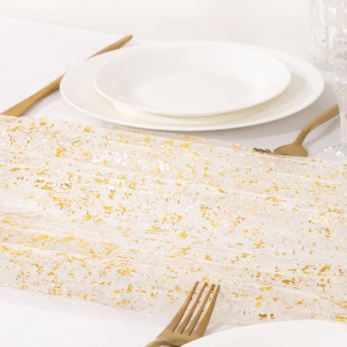 Image of Beige Gold Glitter Table Runner Sheer Gauze Foil Table Runner, 3PC