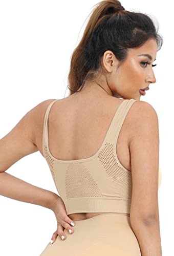 Kinyaoyao 3 Pack Breathable Design Women's Ultimate Comfy Seamless Wireless Sports Bra With Removable Pads,Black/White/Beige,X-Large #TOP3