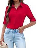 Zeagoo Ladies Shirts 3/4 Sleeve Blouse Button Down Fitted Shirt Business Short Sleeve Blouses V-Neck Work Tops Red M