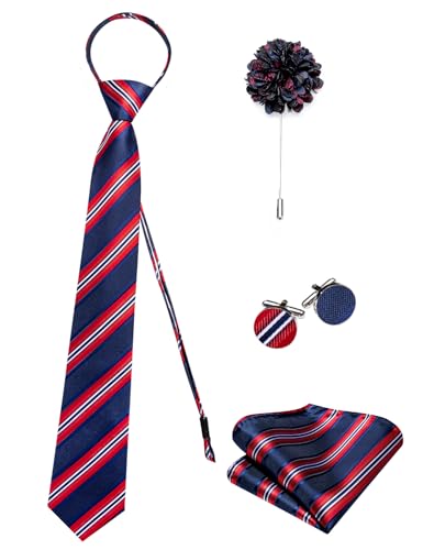 Image of Hi-Tie Zipper Ties for Men Red Blue Striped Adjustable Pre-Tied Necktie Lapel Pin Pocket Square Cufflinks Set