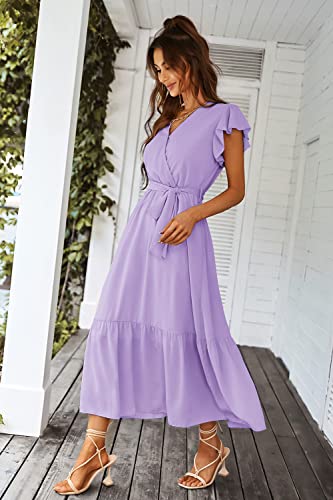 Image of PRETTYGARDEN 2023 Women's Floral Summer Dress V Neck Short Sleeve Ruffle Hem A-Line Boho Maxi Dresses