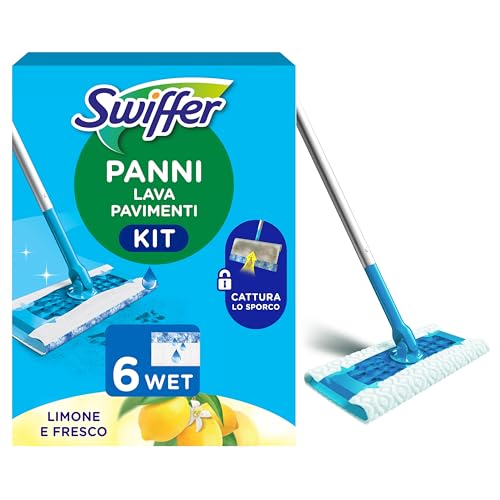 Immagine prodotto: Swiffer Wet Lavapavimenti Kit, 1 Scopa e 6 Panni Umidi, Limone, Maxi Formato, Lava Pavimenti, Pulizia Igienica Profonda, Rimuove Sporco e Batteri, Per Tutti I Tipi di Pavimenti