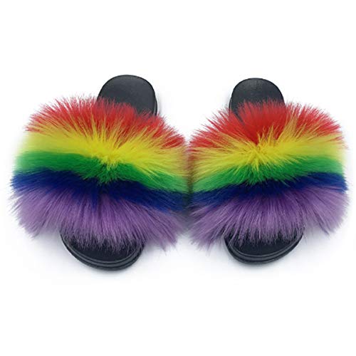 Image of Women's Faux Fur Slides Slippers Fluffy Fuzzy Sandals Open Toe Furry Slide Flip Flop Indoor Outdoor