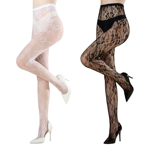 MANZI 2 Pairs Women's Patterned Fishnet Tights Floral Lace Fishnets Stockings High Waist Goth Pantyhose One Size White Floral+black Floral