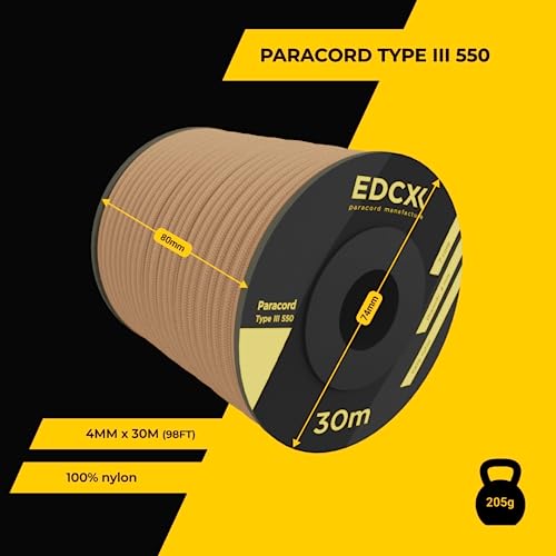 Paracorde en Nylon EDCX 4 mm 550 30 m (100 Pieds) - Type III, Corde 100% Nylon, Corde à 7 brins, Corde en Nylon 4 mm dans des Couleurs Unies (Tan, 30 m)