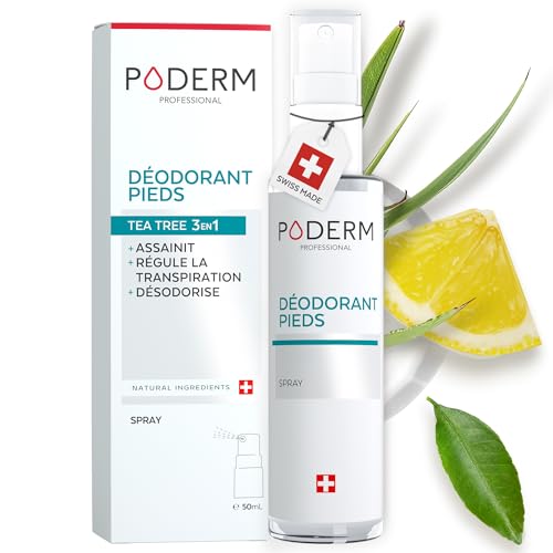 PODERM - MYCOSE PIEDS ATHLETES SPRAY TEA TREE 3en1 | Désodorisant (anti odeur), anti transpirant et purifiant | Élimine 99,9% des champignons | Soin professionnel pied | Facile & rapide | Swiss Made