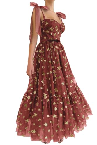Basgute Sparkly Starry Tulle Prom Dresses for Women Tea Length Glitter Star A Line Formal Evening Party Gown