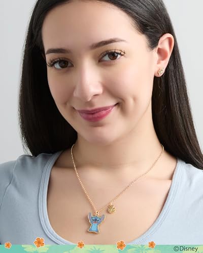 Disney Stitch Jewelry Set Official License with 16+3 Necklace and Palm Leaf Earrings, Gold Tone Fashion Necklace and Stud Earrings2