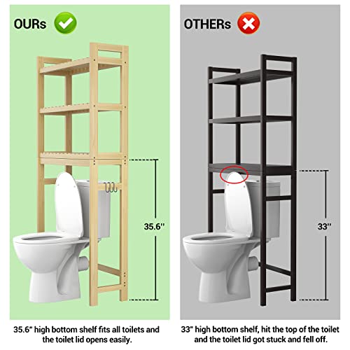 Homykic Over The Toilet Storage, 3-Tier Bamboo Bathroom Shelf With 3 Hooks, Above Toilet Organizer Rack Freestanding For Small Space, Restroom, Laundry, Easy Assembly, Natural #TOP2