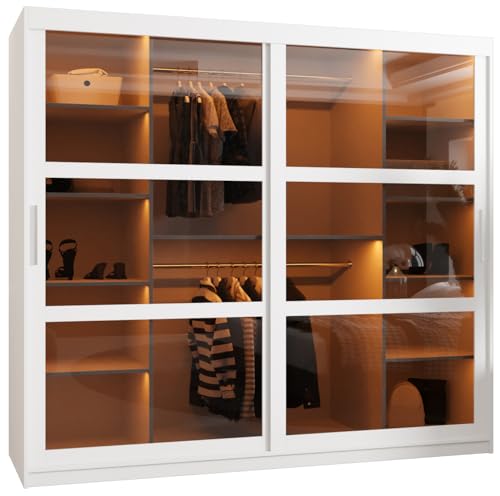 MEBLE KRYSPOL Dome Schrank mit Zwei Schiebetüren mit Spiegel, Stangen und Regalen - Aufbewahrungsschrank mit Rauchglas für Schlafzimmer, Wohnzimmer - 200x200x62cm - Weiß, Weiß, Silber