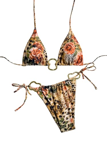 SEGT Women's String Bikini Set 2 Piece Swimsuit Halter Triangle O Ring Leopard Bathing Suits