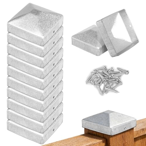 10 Stück Pfostenkappe 7x7cm Zaunpfosten Kappen Pfostenkappen mit 20 Schrauben Verzinkte Pfostenabdeckung Zaun Abdeckkappe für Holzpfosten Terrassenpfeiler
