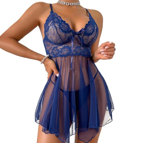 Women's Lingerie Sexy Lace Babydoll Dress Pajamas with Pantie Navy