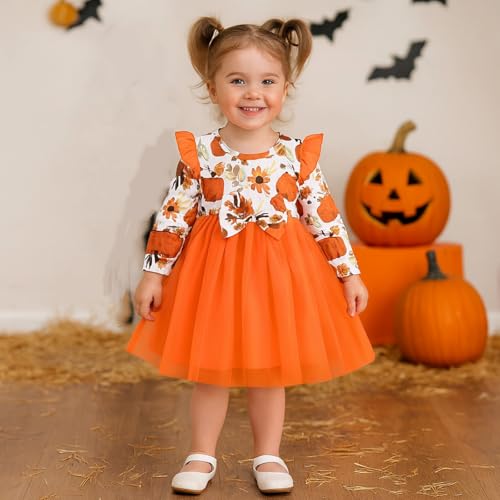 Kunyeah Baby Girls Halloween Tutu Dress Infant Long Sleeve Print Romper Newborn Bow Lace Skirts Outfit4