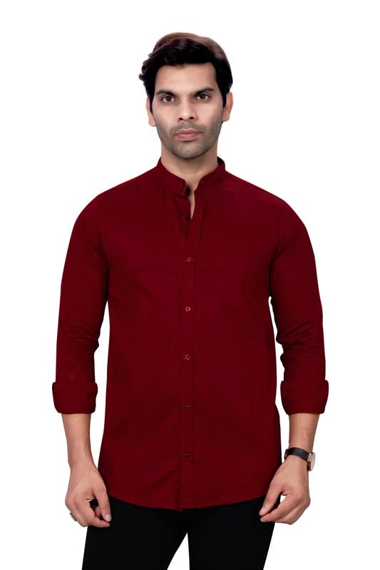 Image of Men's Cotton Solid Regular Fit Mandarin Collor Shirt - Maroon