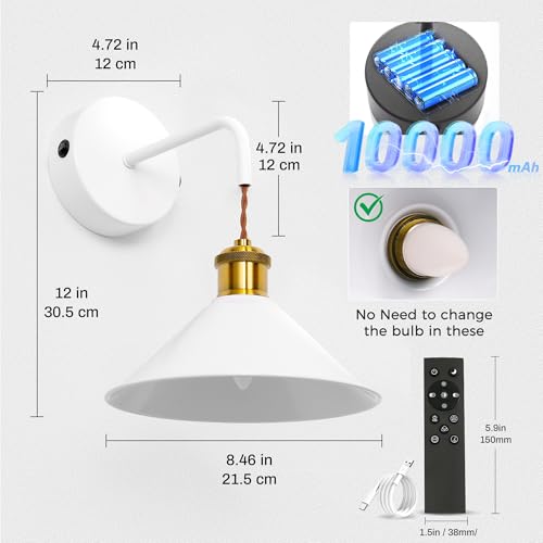 Image of DORESshop Battery Operated Wall Sconce Set of 2, 10000mAh Gold & White Wireless Rechargeable Wall Lights, Hanging Wire Wall Sconce, 9 Adjustable Sconces Wall Decor for Bedroom Living Room Hallway