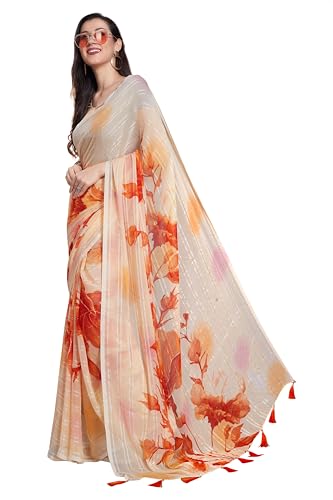 Image of RANI SAAHIBA Women's Printed Chiffon Saree Without Blouse Piece