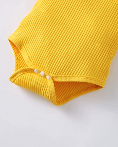 Renotemy Newborn Baby Girl Outfits Summer Clothes Infant Gifts Short Sleeve Yellow Ribbed Romper Floral Sunflower Clothing Baby Girl Clothes 3-6 Months #TOP4
