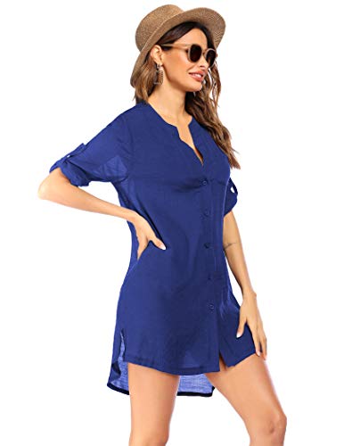 Image of Ekouaer Bathing Suit Cover Up for Women V Neck Button Down Swimsuit Coverup Beach Dress Shirt S-3XL