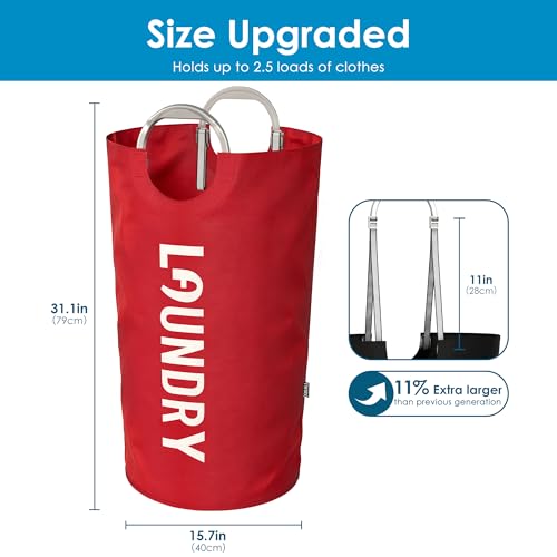 Image of 100L Laundry Basket with Tech Handle, 2in1 Large Dirty Clothes Hamper Red | Hand or Shoulder Carry, Collapsible Foldable Bin, Plastic Handle, 600D Oxford with Waterproof PE Coating for Dorm, Bathroom