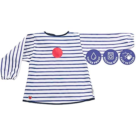 BabyToLove Smart Smock | Waterproof Coverall | Stay Clean, Mom’s Favorite | Mealtime and Activity Coverup | Blue Stripes Cover