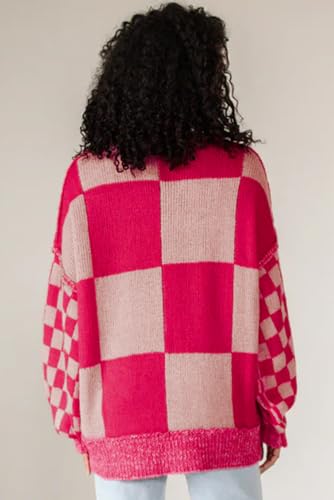 Women's Rose Red Mixed Checkered Pattern Drop Shoulder Sweater2