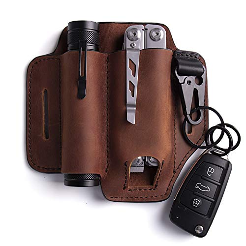 Gentlestache Leather Sheath for Leatherman Multitool Sheath EDC Pocket Organizer with Key Holder for Belt and Flashlight Sheath Multitool Pouch Brown Color