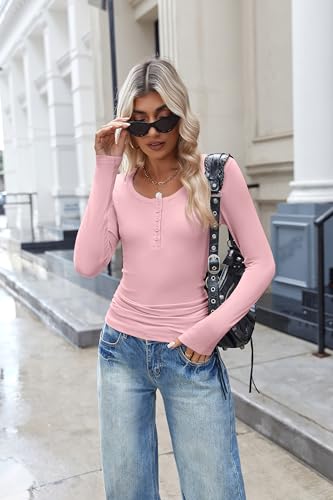 Zeagoo Women's Long Sleeve Shirts Casual Square Neck Tops Slim Fit Rib Knit Basic Tee 2025 Fall Summer Clothes4