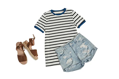 Womens T Shirt Short Sleeve Crew Neck Basic Color Block Tee Tops - Image 5