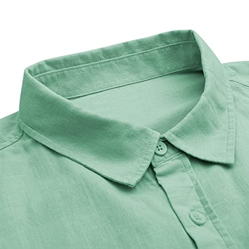 Men's Casual Summer Button Down Linen Shirts Short Sleeve Cotton Beach Tops With Pocket Green X-Large #TOP3