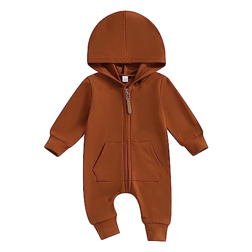 Image of AEEMCEM Newborn Baby Boy Girl Clothes Solid Color Zip Up Long Sleeve Hooded Romper Jumpsuit Coverall Fall Winter Outfit