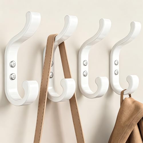Josmimic 4 Pack Large Coat Hooks Wall Mounted Heavy Duty White Metal Double Hooks Individual Screw-in Wall Hooks for Coats Hats Towels and Bags Strong Coat Hooks up to 13.5 kg