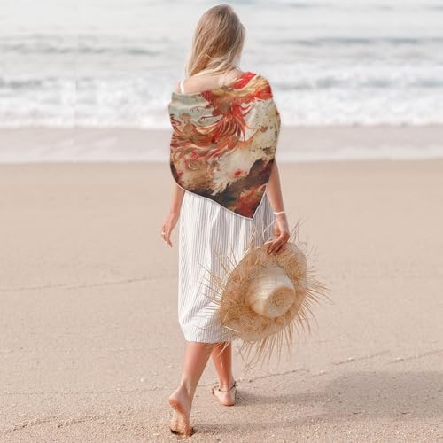 KLL Phoenix Bird Chinese Ink Painting Red Gold silk scarf scarves silky for women for evening chal para mujer 5