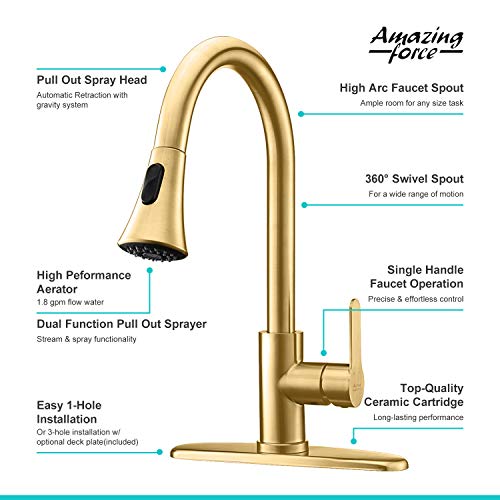 Amazing Force Gold Kitchen Faucet Modern Pull Out Kitchen Faucets Stainless Steel Single Handle Kitchen Sink Faucet With Pull Down Sprayer 3 Hole Kitchen Faucet Mixer Tap 1.8 Gpm #TOP2