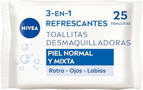 NIVEA Salviette struccanti 3-in-1 rinfrescanti - Salviette umidificate - Pulizia delicata ed efficace - Rimuove il trucco waterproof - per viso, occhi e labbra - Pelle normale e mista - 25 salviettine