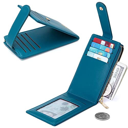 Image of Badiya Slim Women Wallet RFID Blocking Bifold Compact 9 Card Slots Holder Wallets Soft Leather with Zipper Coin Pocket 2 ID Window