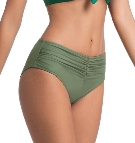 COCOPEAR Mid Rise Bathing Suit Bottoms for Women Ruched Tummy Control Swim Bottoms Full Coverage Bikini Bottoms for Women Army Green M — view 3