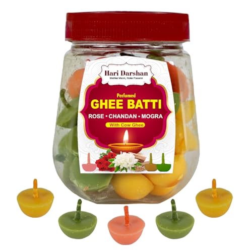 Hari Darshan Cow Ghee Diya - Pack of 60 | Multi Fragrance with Rose, Chandan & Mogra | 45-Minute Burn Time | Eco-Friendly | Wax Free | Ready-to-Use for Pooja, Temple Rituals, Special Occasions