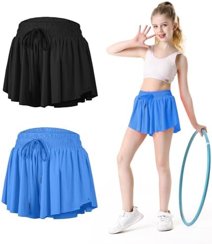 Edenfox Butterfly Shorts Girls, 2 in 1 Girls Athletic Flowy Shorts with Spandex Liner, Active Wear for Kids
