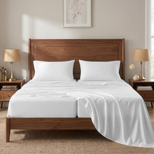 Image of 450TC 100% Cotton Split King Sheets - Silky Smooth Sateen Weave, White