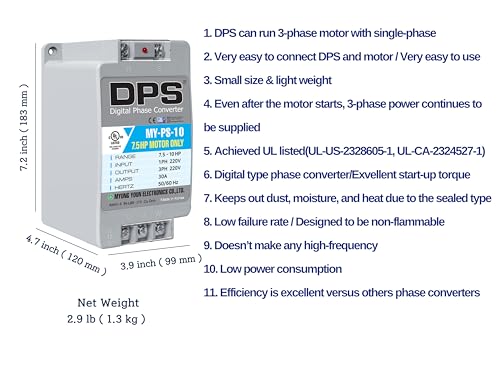 DPS 10HP MY-PS-10 Used for 7.5HP(5.5kW) 23A Motor, Single to 3 Phase Converter, 1 DPS Must Be Used for 1 Motor Only, Input/Output 200-240V, UL Listed