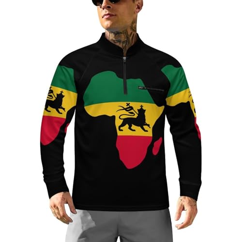 Map of Africa and Lion Rastafarian Flag Men's Rash Guard Long Sleeves Quick Dry Fishing Workout Shirts with Zipper